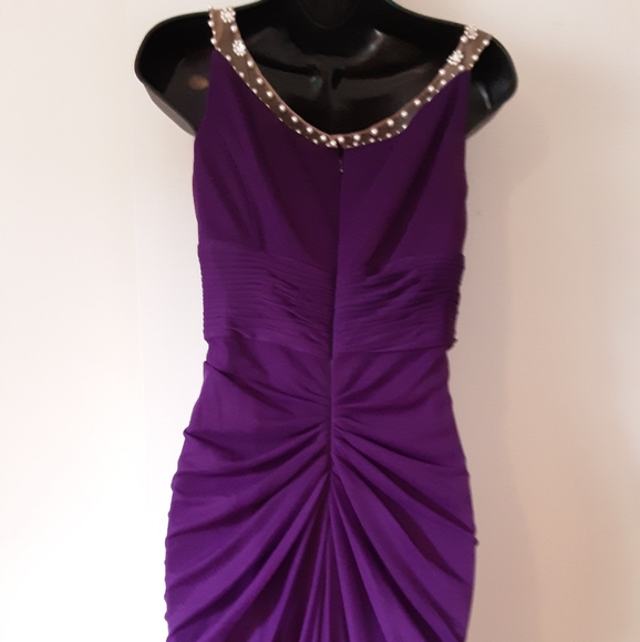 Long Purple Gown with Jeweled Mesh Neckline - Picture 3 of 9